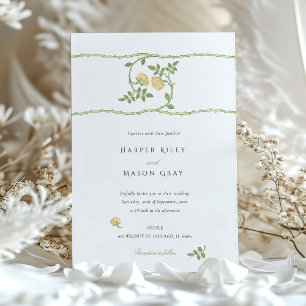 Convite Casamento Elegante com Folhagem em Ouro Amarelo