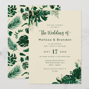 Convite Casamento Elegante com Folhagem Tropical Moderna