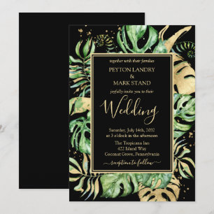Convite Casamento Elegante com Folhagem Tropical Preto e D