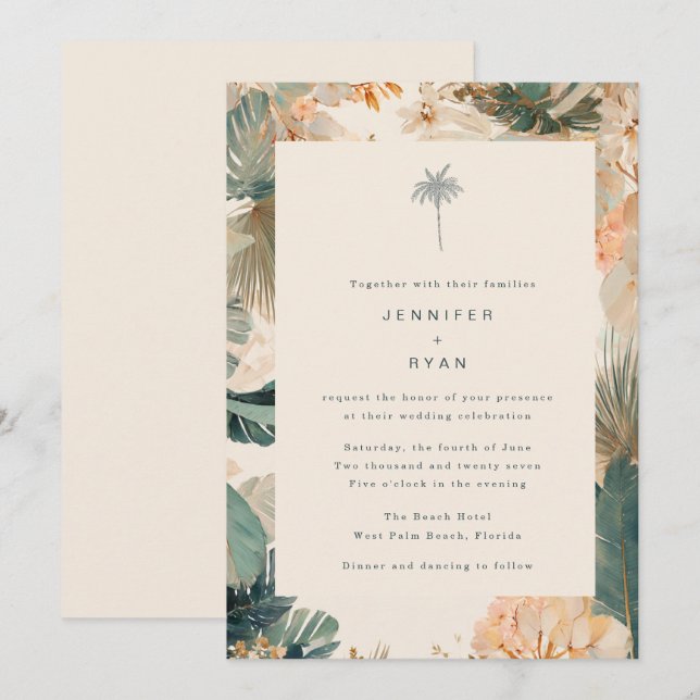 Convite Casamento Elegante com Folhas de Palmeira Tropical (Frente/Verso)