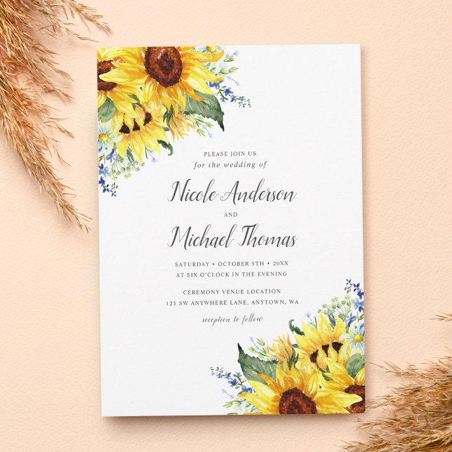 Convite Casamento Elegante com Girassóis em Aquarela (Criador carregado)