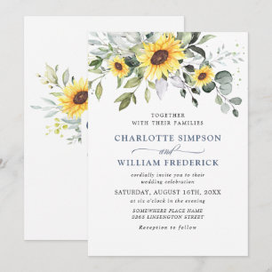 Convite Casamento Elegante com Girassóis em Aquarela e Euc