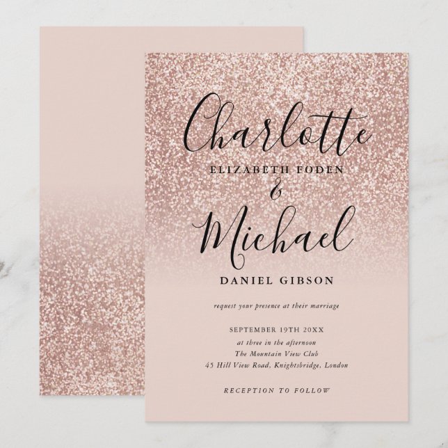 Convite Casamento Elegante com Glitter em Dourado Rosa (Frente/Verso)