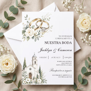 Convite Casamento elegante com Igreja, Anéis dourados