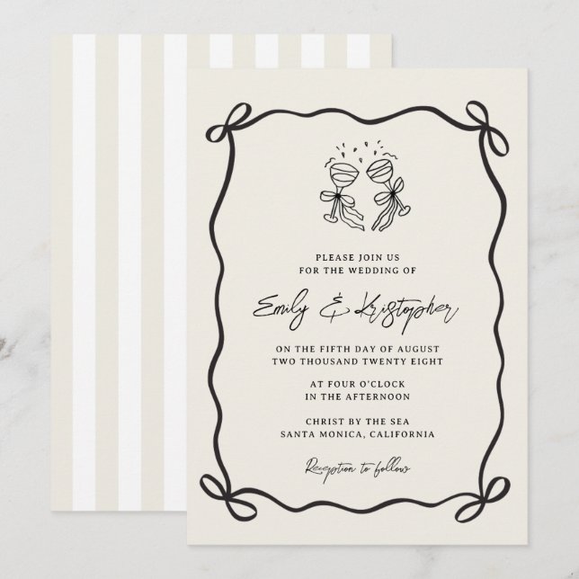 Convite Casamento Elegante com Laço Coquette em Listras de (Frente/Verso)