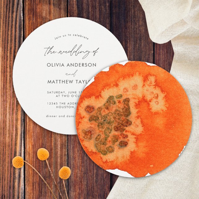 Convite Casamento Elegante com Laranja Queimado em Aquarel (Front/Back)