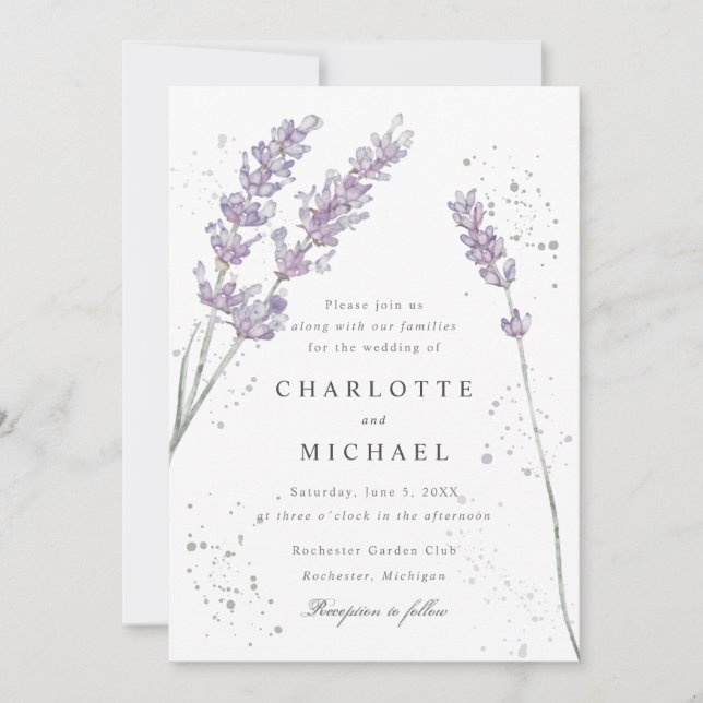 Convite Casamento elegante com lavanda de aquarela (Frente)
