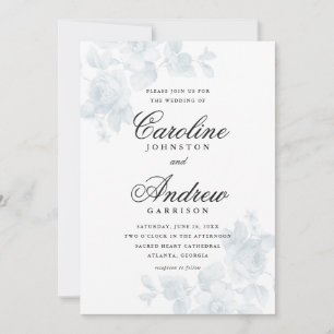 Convite Casamento Elegante com Letra Floral Azul Vintage