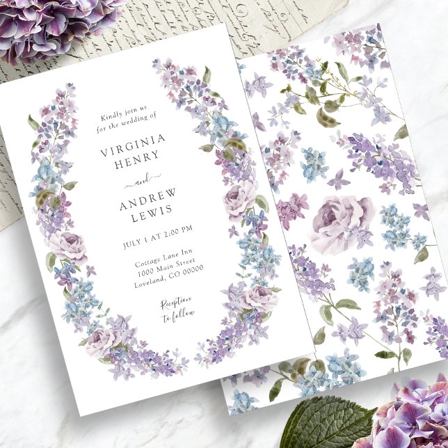 Convite Casamento Elegante com Lilás Roxo (Elegant Purple Lilac Flowers Wedding Invitation by Painted Paperie)