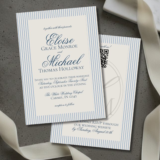 Convite Casamento Elegante com Listra Azul e Letra Antiga (Elegant Old Money Script Blue Stripe Wedding Invitation)