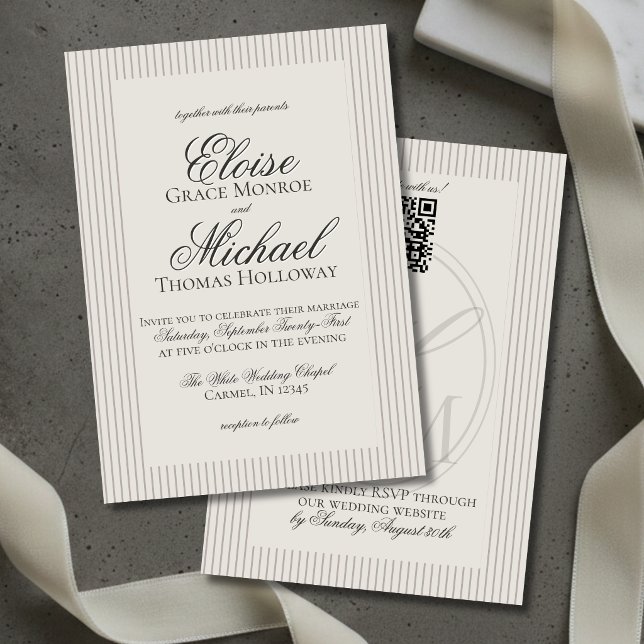 Convite Casamento Elegante com Listra Neutra em Script Old (Elegant Old Money Script Neutral Stripe Wedding Invitation)