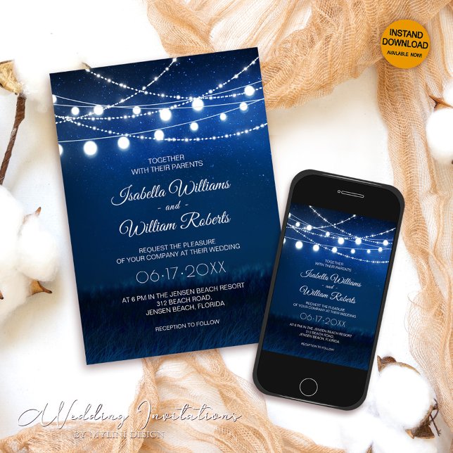 Convite Casamento Elegante com Luzes de Corda Prateadas e  (Criador carregado)