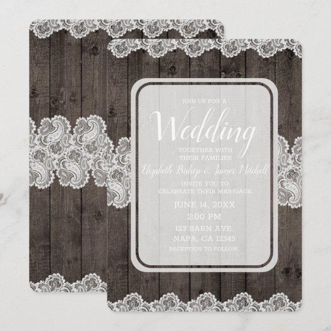 Convite Casamento Elegante com Madeira Escura Rústica e Re (Frente/Verso)