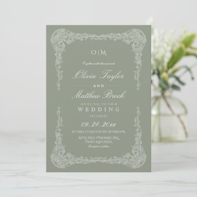 Convite Casamento Elegante com Moldura Francesa em Verde S (Em pé/Frente)
