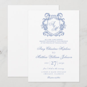 Convite Casamento Elegante com Monograma e Brasão em Azul