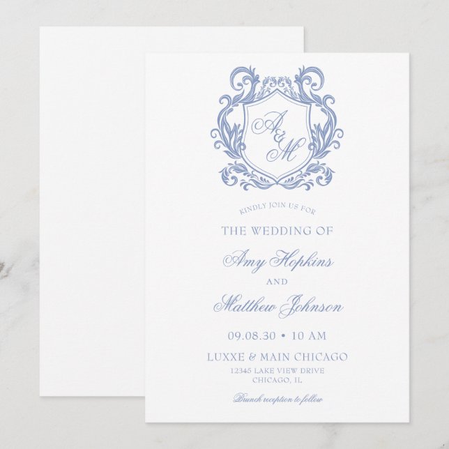 Convite Casamento Elegante com Monograma e Brasão em Azul  (Frente/Verso)