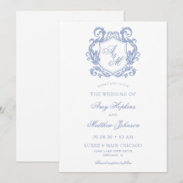 Convite Casamento Elegante com Monograma e Brasão em Azul