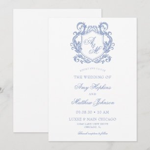 Convite Casamento Elegante com Monograma e Brasão em Azul