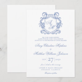 Convite Casamento Elegante com Monograma e Brasão em Azul