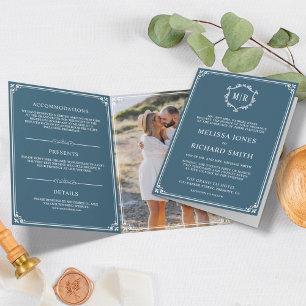 Convite Casamento Elegante com Monograma em Azul e Branco