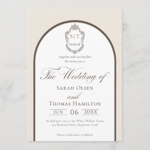 Convite Casamento Elegante com Monograma em Mocha e Creme