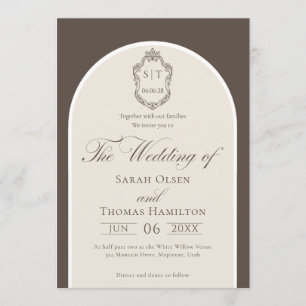 Convite Casamento Elegante com Monograma Mocha e Creme
