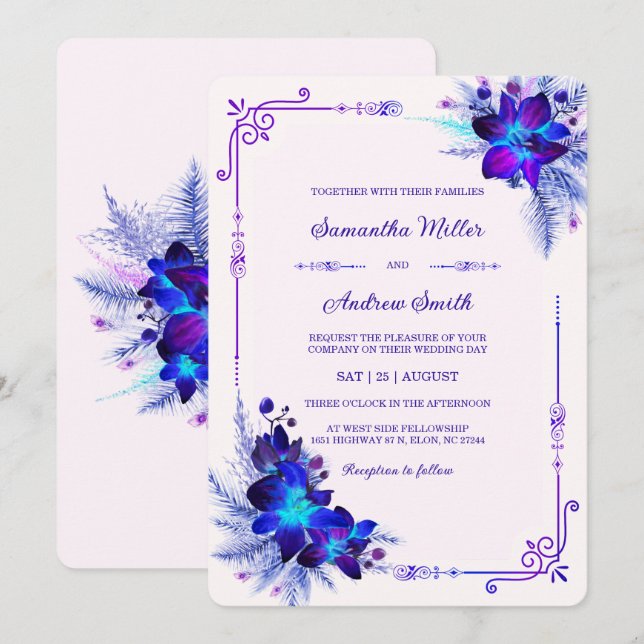 Convite Casamento Elegante com Orquídeas Azuis e Roxas (Frente/Verso)