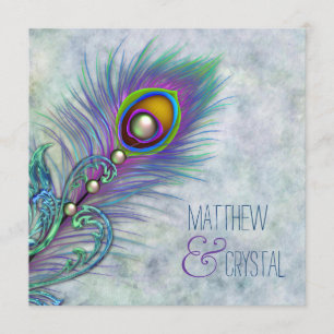 Convite Casamento Elegante com Pavão em Aquarela