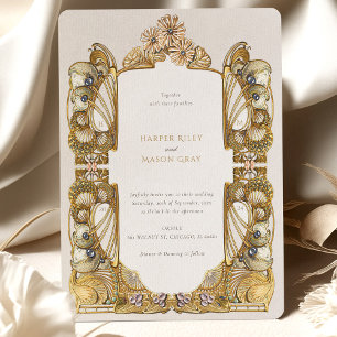 Convite Casamento Elegante com Pavão em Art Nouveau