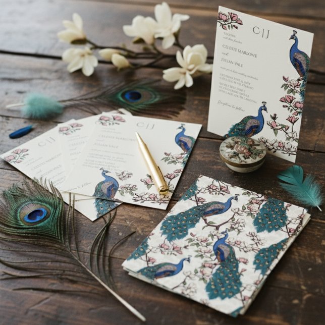 Convite Casamento Elegante com Pavão Floral Marfim (Chic Floral Peacock Wedding Invite. Elegant Bird and Flower Pattern for Peacock Theme Wedding.)