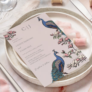 Convite Casamento Elegante com Pavão Rosa e Flores