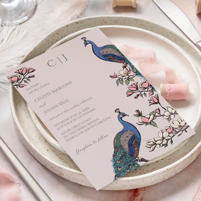 Convite Casamento Elegante com Pavão Rosa e Flores (Rustic Blush Pink Wedding Invitations. Hand-Drawn Blue & Teal Peacocks Perched on Magnolia Branches.)