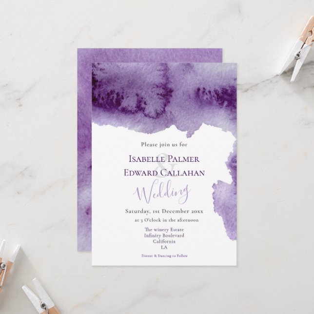Convite Casamento Elegante com respingo de aquarela violet (Frente/Verso In Situ)