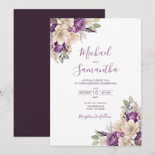 Convite Casamento Elegante com Rosa Roxa e Marfim