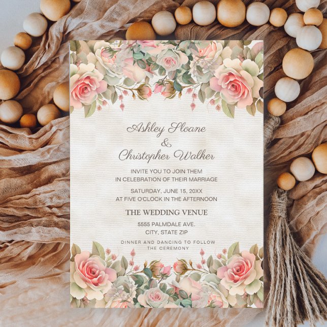 Convite Casamento Elegante com Rosas Rosa Vintage (Criador carregado)