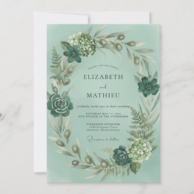 Convite Casamento Elegante com Samambaia e Espuma do Mar (Frente)