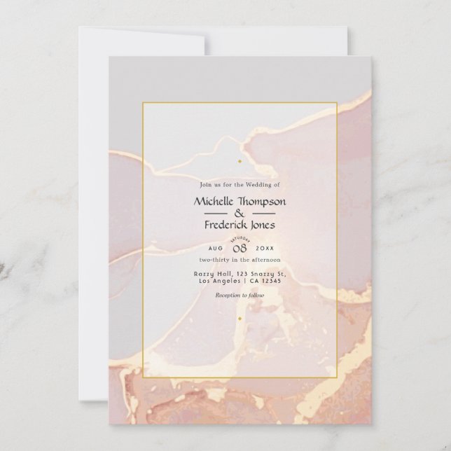 Convite Casamento Elegante com Tinta Alcoólica Rosa Dourad (Frente)