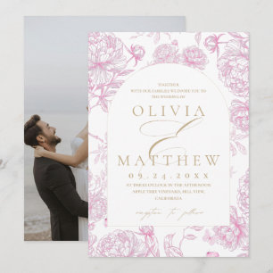 Convite Casamento Elegante com Toile de Jouy de Peônia Fra
