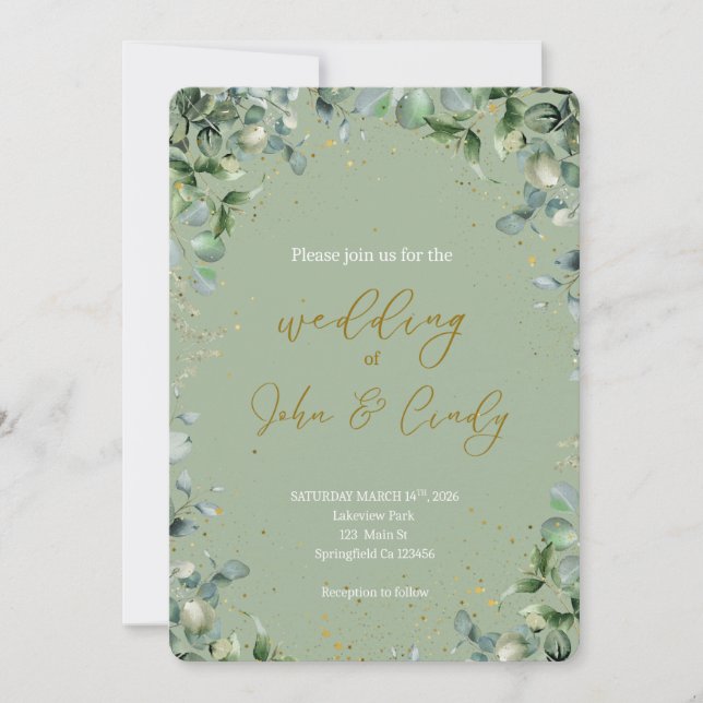 Convite Casamento Elegante com Verde Botânico e Poeira Dou (Frente)
