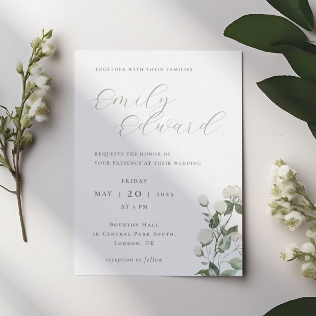 Convite Casamento Elegante com Verde Oliva e Florais Branc (Criador carregado)