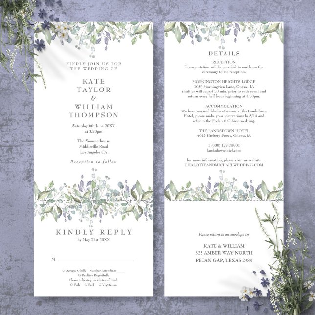 Convite Casamento Elegante com Verdura em Um Só (Elegant Greenery All In One Wedding Invitation)