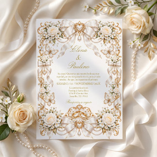 Convite Casamento Elegante Coquette, Laço de Cetim Branco