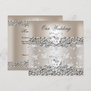 Convite Casamento Elegante Coração de Diamante Prata Creme