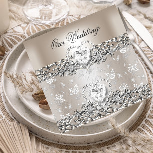 Convite Casamento Elegante Coração de Diamante Prata Creme