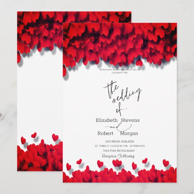 Convite Casamento Elegante Corações Vermelhos (Frente/Verso)