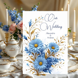 Convite Casamento Elegante Cornflower Azul Dourado Florais