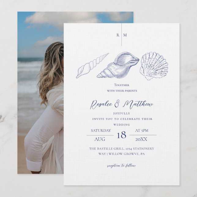 Convite Casamento Elegante Costeiro Azul e Branco Conchas (Frente/Verso)