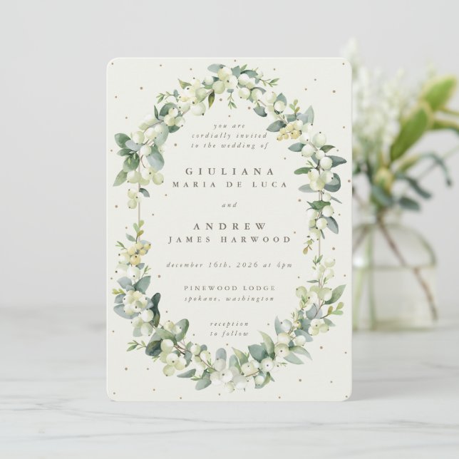 Convite Casamento Elegante Cream Snowberry+Eucalyptus (Em pé/Frente)