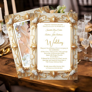 Convite Casamento Elegante Creme Bege Dourado Foto