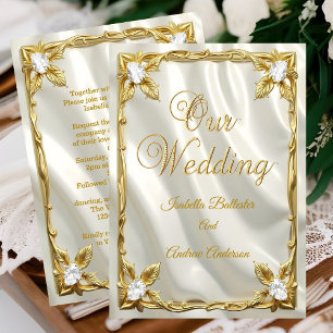 Convite Casamento Elegante Creme Branco Falso Seda Ouro Di